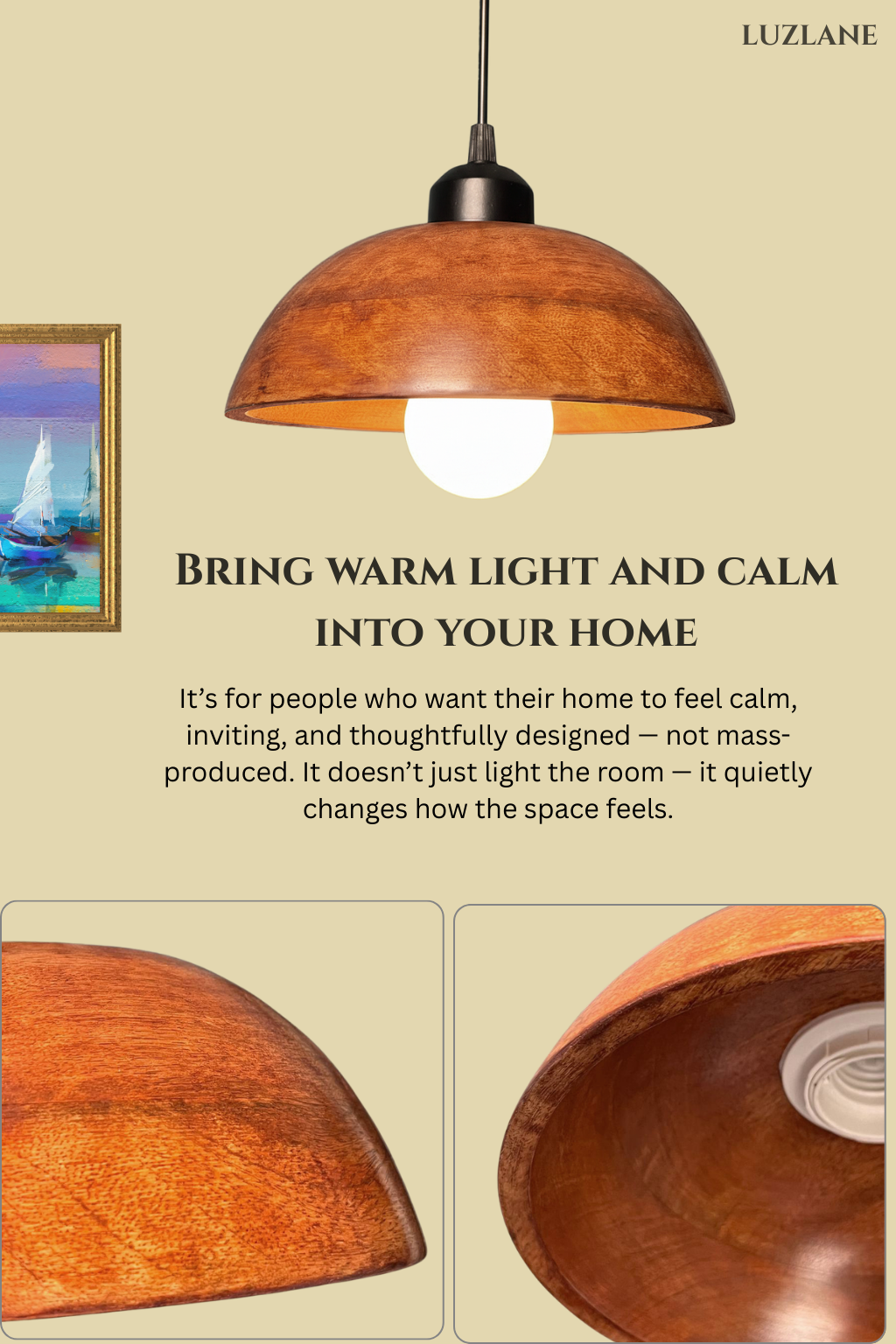Vintage Wooden Dome Pendant Hanging Lamp for Ceiling