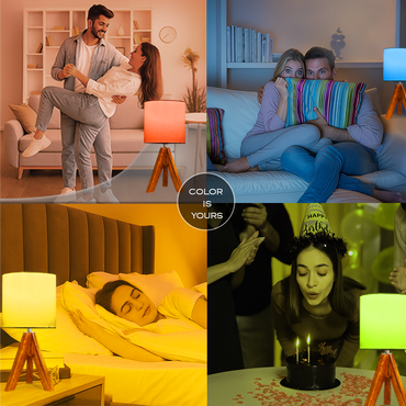 LUZLANE – EcoMood RGB Tripod Table Lamp | Linen Shade | (Wallnut-White)
