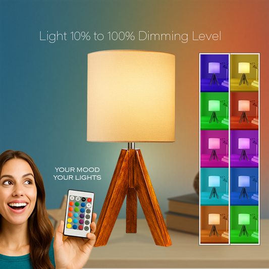 LUZLANE – EcoMood RGB Tripod Table Lamp | Linen Shade | (Wallnut-White)