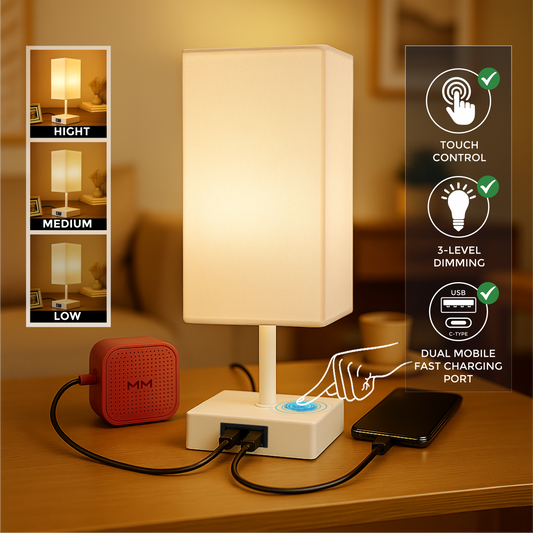 LUZLANE- Auratouch Smart Table Lamp | Linen Shade | (Color- White-White)