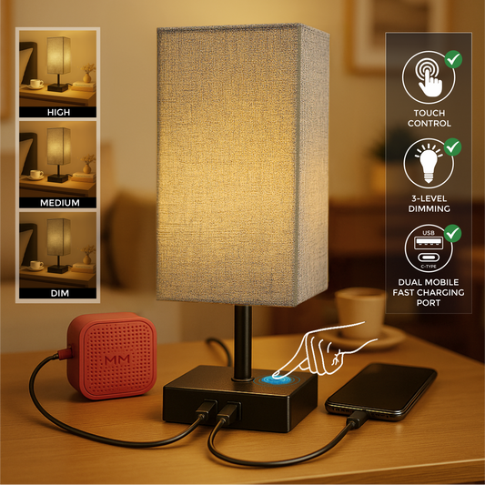 LUZLANE- Auratouch Smart Table Lamp | Linen Shade | (Color- Black-Grey)
