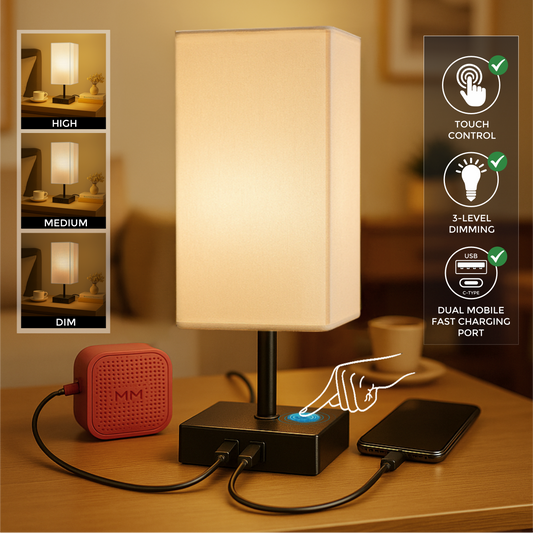 LUZLANE- Auratouch Smart Table Lamp | Linen Shade | (Color- Black-White)