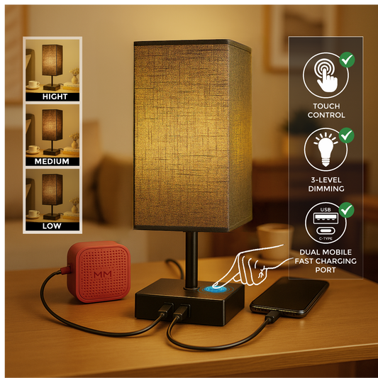 LUZLANE- Auratouch Smart Table Lamp | Linen Shade | (Color- Black-Black)