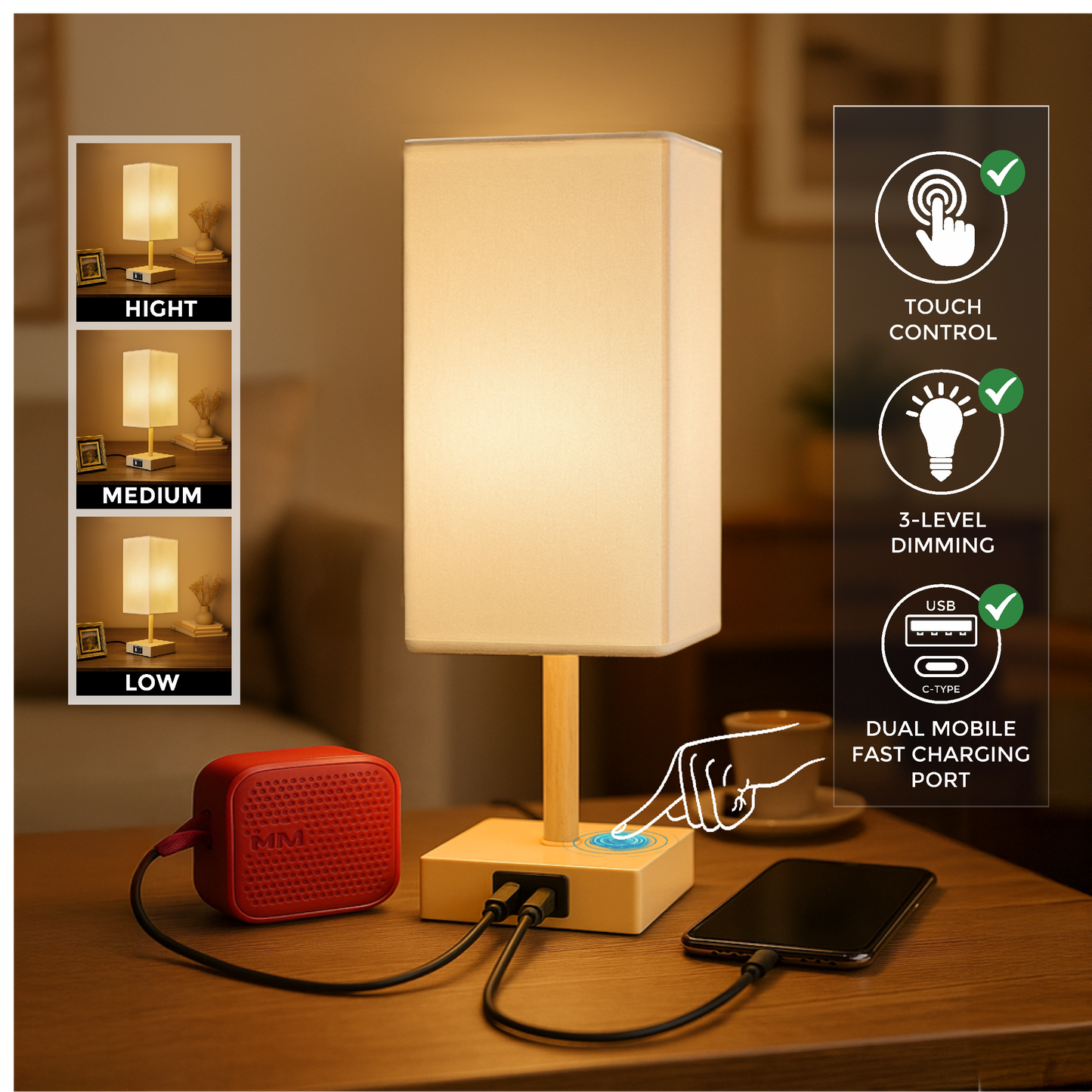 LUZLANE- Auratouch Smart Table Lamp | Linen Shade | (Color- Sand-White)
