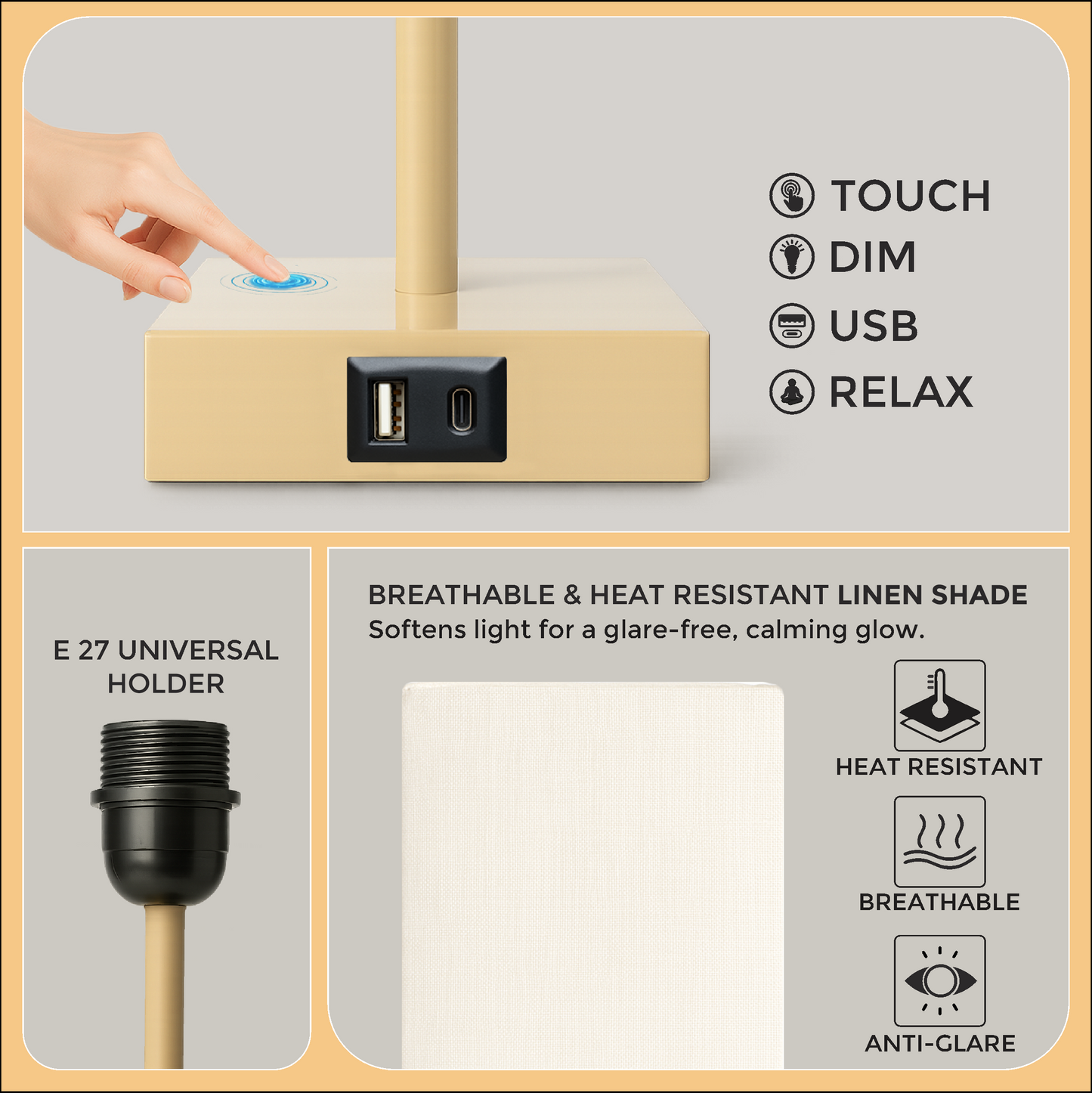 LUZLANE- Auratouch Smart Table Lamp | Linen Shade | (Color- Sand-White)