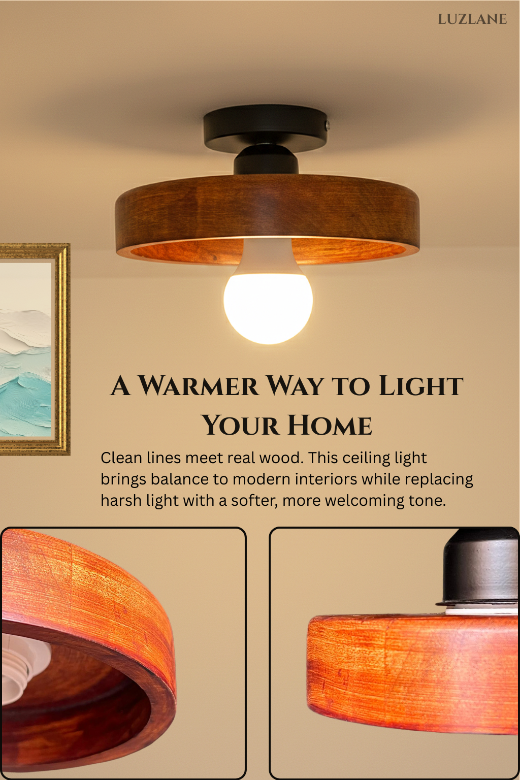 Solid Wood Ceiling Light for Bedroom & Living Room