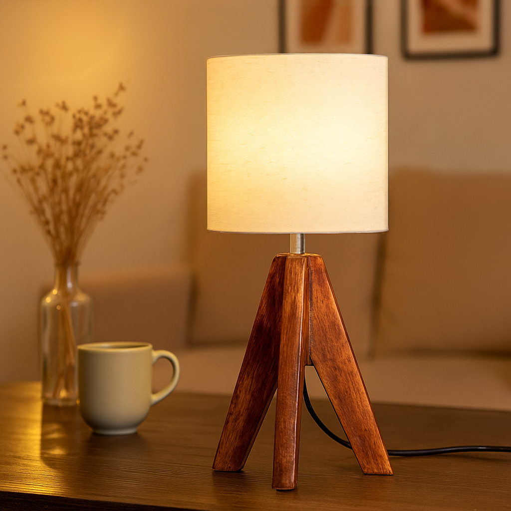 LUZLANE – Walnut Elara Tripod Table Lamp | Linen Shade | (Color- Walnut-White)
