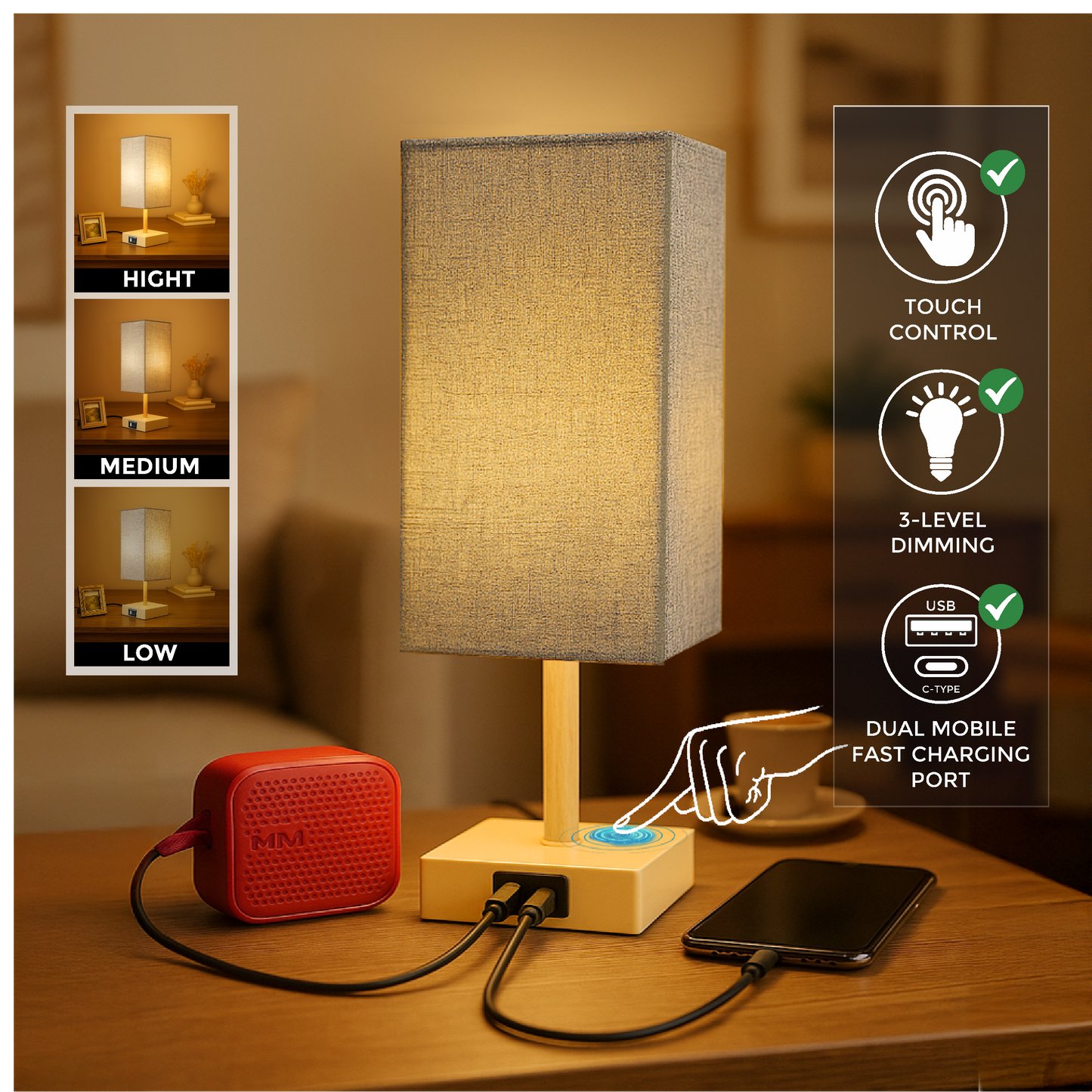 LUZLANE- Auratouch Smart Table Lamp | Linen Shade | (Color- Sand-Grey)