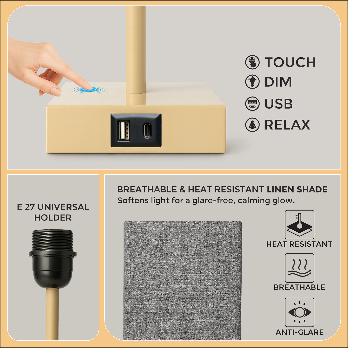 LUZLANE- Auratouch Smart Table Lamp | Linen Shade | (Color- Sand-Grey)