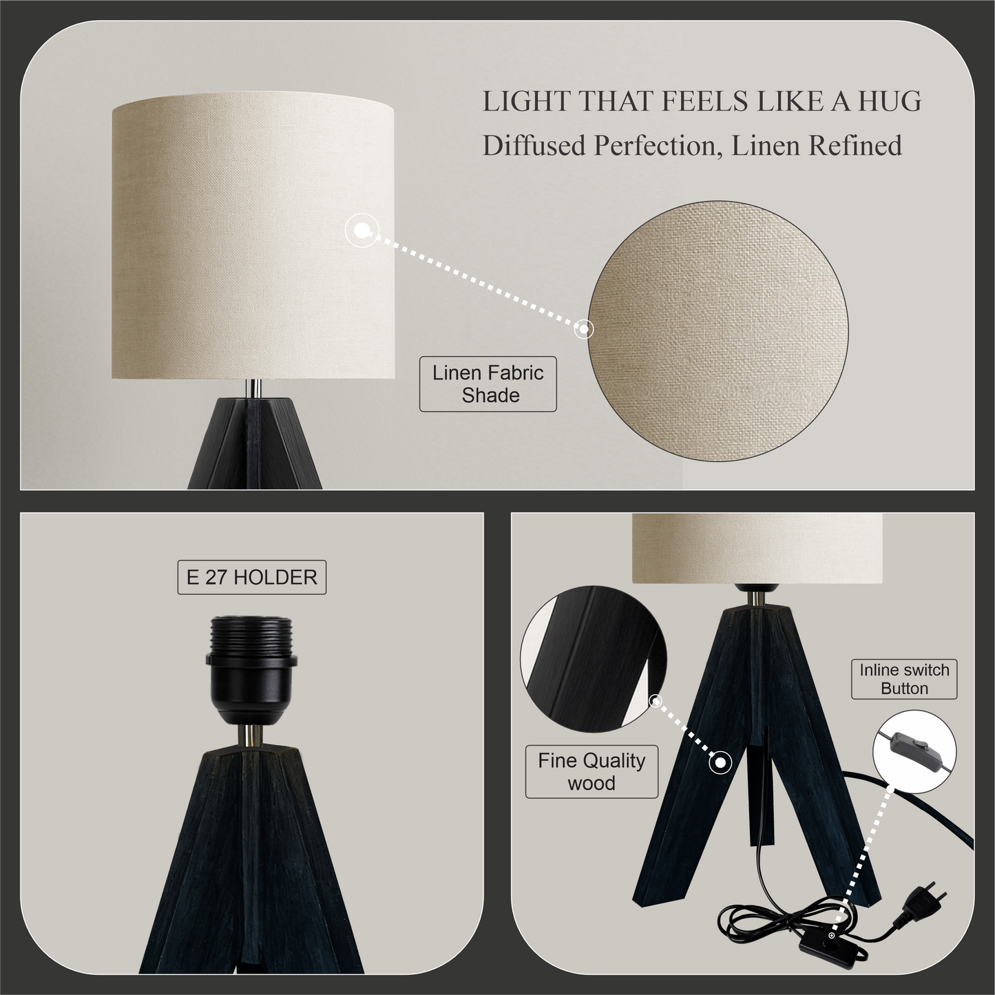 LUZLANE – Rustic Elara Tripod Table Lamp | Linen Shade | (Color- Rustic-White)