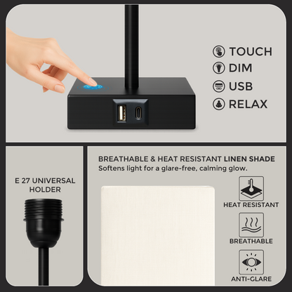 LUZLANE- Auratouch Smart Table Lamp | Linen Shade | (Color- Black-White)